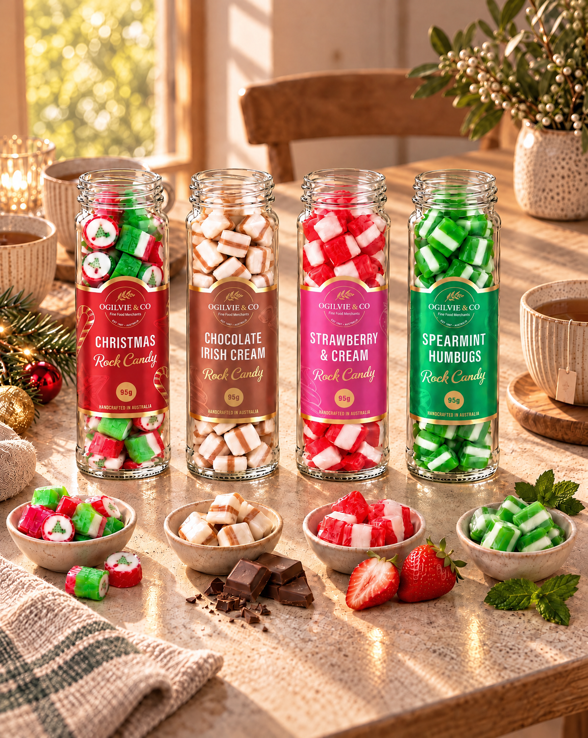 Ogilvie & Co Rock Candy range: Christmas, Chocolate Irish Cream, Strawberry & Cream and Spearmint Humbugs 95g jars